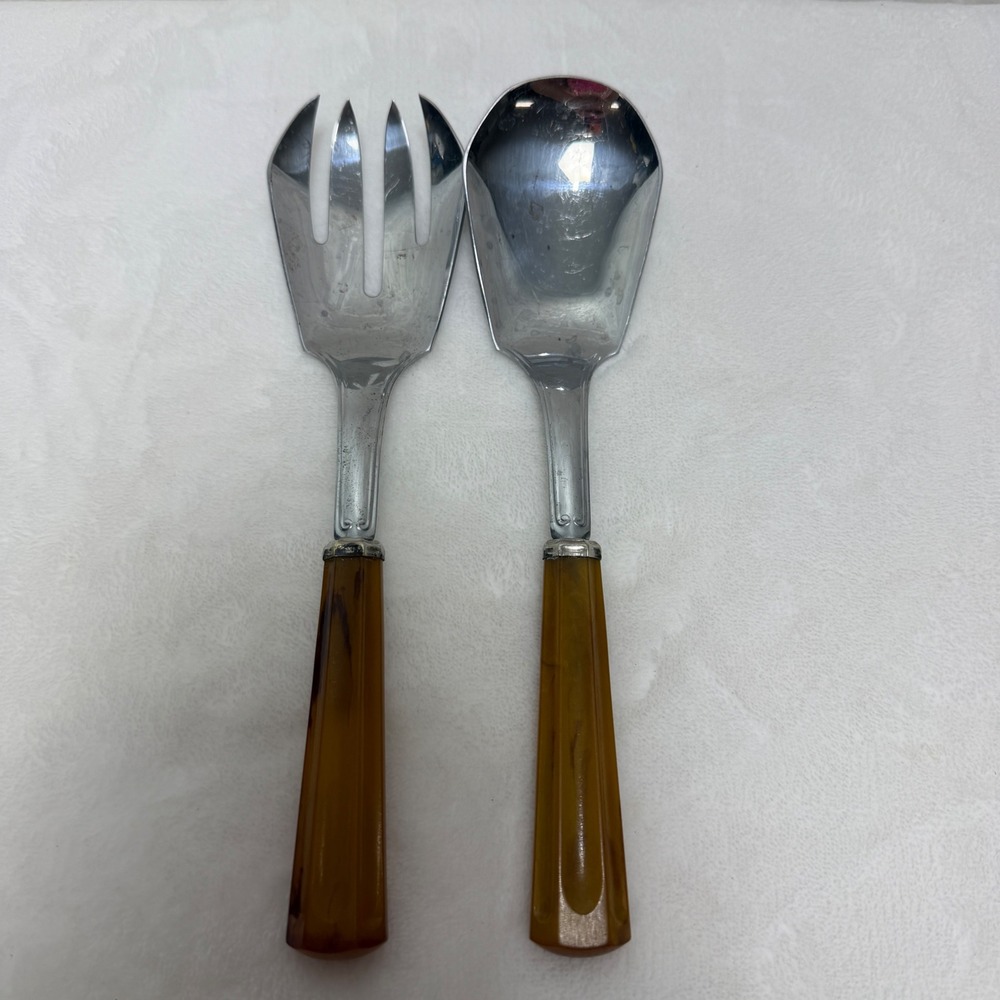 VTG Butterscotch Amber Marbled‎ Salad Serving Set Fork and Spoon MCM Retro Farm